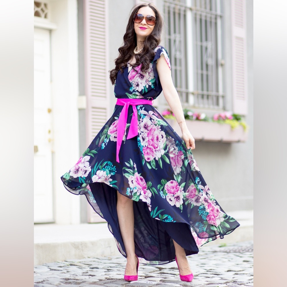 Eliza J Floral Surplus Hi Low Belted Maxi Dress size 14W